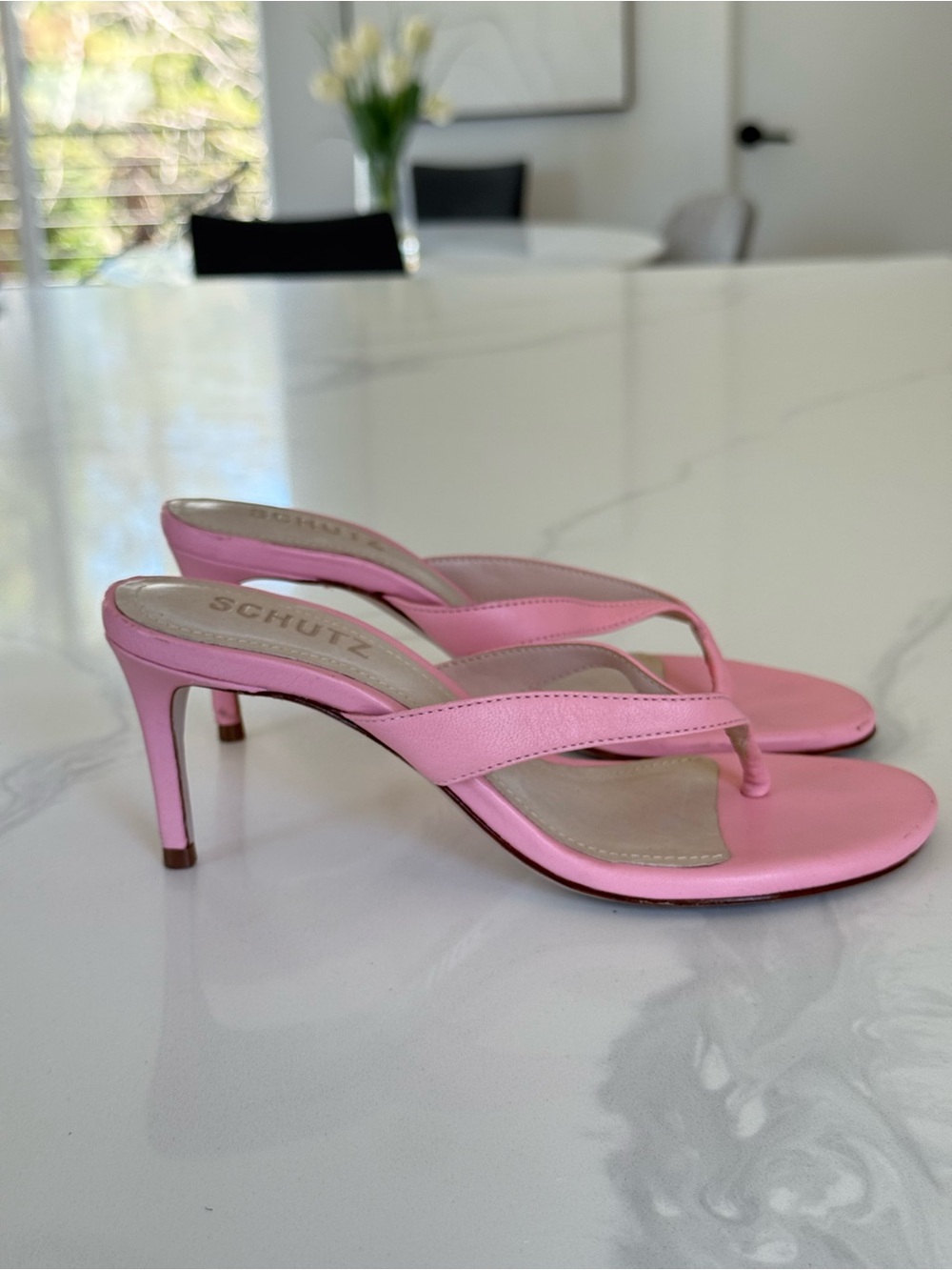 Schutz Pink Leather Y2k Thong Heels - Size 6.5